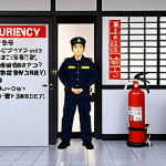 **

Prompt: A security guard training session focusing on emergency response. Include elements of fire safety (extinguisher), first aid, and communication devices. The setting should be a modern office building interior. Focus on the guard's attentiveness and the instructor's clear explanation. Add Japanese text overlay "緊急時対応訓練" (Emergency Response Training).

**