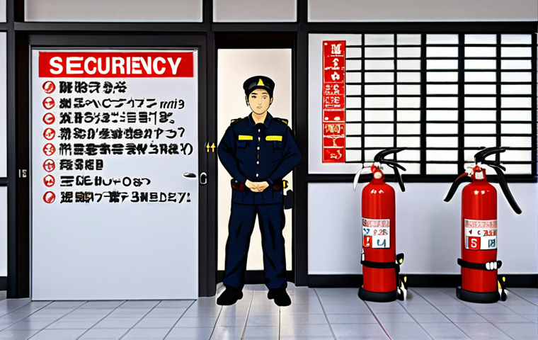 **

Prompt: A security guard training session focusing on emergency response. Include elements of fire safety (extinguisher), first aid, and communication devices. The setting should be a modern office building interior. Focus on the guard's attentiveness and the instructor's clear explanation. Add Japanese text overlay "緊急時対応訓練" (Emergency Response Training).

**