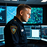A professional male security officer in a dark, modest business uniform, focused in a modern security control room. He is observing multiple large screens displaying live data feeds and complex graphics from AI surveillance systems and IoT sensors. His expression is serious and highly concentrated, with one hand near a holographic interface. The background features sophisticated computer workstations and subtle glowing light from the monitors. Professional photography, high quality, perfect anatomy, correct proportions, natural pose, well-formed hands, proper finger count, natural body proportions, fully clothed, modest clothing, appropriate attire, professional dress, safe for work, appropriate content.