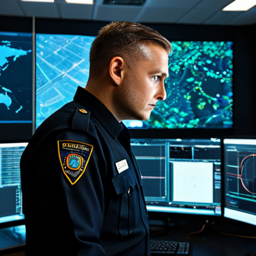 A professional male security officer in a dark, modest business uniform, focused in a modern security control room. He is observing multiple large screens displaying live data feeds and complex graphics from AI surveillance systems and IoT sensors. His expression is serious and highly concentrated, with one hand near a holographic interface. The background features sophisticated computer workstations and subtle glowing light from the monitors. Professional photography, high quality, perfect anatomy, correct proportions, natural pose, well-formed hands, proper finger count, natural body proportions, fully clothed, modest clothing, appropriate attire, professional dress, safe for work, appropriate content.