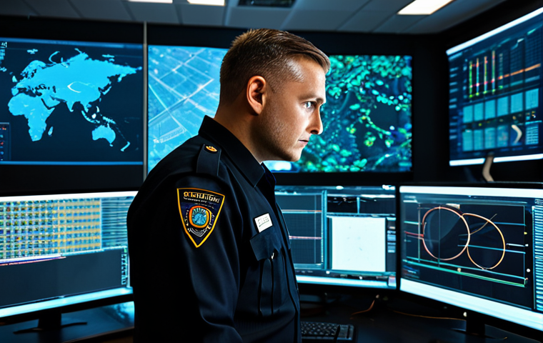 A professional male security officer in a dark, modest business uniform, focused in a modern security control room. He is observing multiple large screens displaying live data feeds and complex graphics from AI surveillance systems and IoT sensors. His expression is serious and highly concentrated, with one hand near a holographic interface. The background features sophisticated computer workstations and subtle glowing light from the monitors. Professional photography, high quality, perfect anatomy, correct proportions, natural pose, well-formed hands, proper finger count, natural body proportions, fully clothed, modest clothing, appropriate attire, professional dress, safe for work, appropriate content.