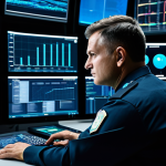 A professional adult male security supervisor in a modest, dark uniform, fully clothed, appropriate attire, seated at a control console in a state-of-the-art security operations center. He is intently viewing multiple holographic and large digital screens displaying complex data visualizations, real-time AI surveillance feeds, and predictive analytics dashboards. His expression is focused and analytical, demonstrating expert command of the technology. The environment is sleek, modern, and high-tech with subtle ambient lighting. safe for work, appropriate content, professional, perfect anatomy, correct proportions, natural pose, well-formed hands, proper finger count, natural body proportions, high-resolution, cinematic photography, professional image.