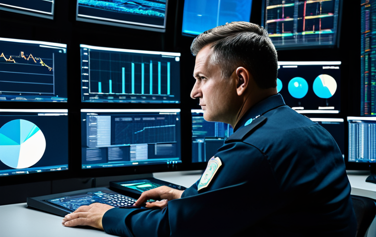 A professional adult male security supervisor in a modest, dark uniform, fully clothed, appropriate attire, seated at a control console in a state-of-the-art security operations center. He is intently viewing multiple holographic and large digital screens displaying complex data visualizations, real-time AI surveillance feeds, and predictive analytics dashboards. His expression is focused and analytical, demonstrating expert command of the technology. The environment is sleek, modern, and high-tech with subtle ambient lighting. safe for work, appropriate content, professional, perfect anatomy, correct proportions, natural pose, well-formed hands, proper finger count, natural body proportions, high-resolution, cinematic photography, professional image.