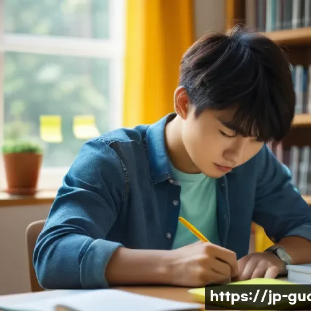 경비지도사 시험에서 주의할 점 - A focused Japanese student sitting at a neat desk in a modern, cozy study room, surrounded by neatly...