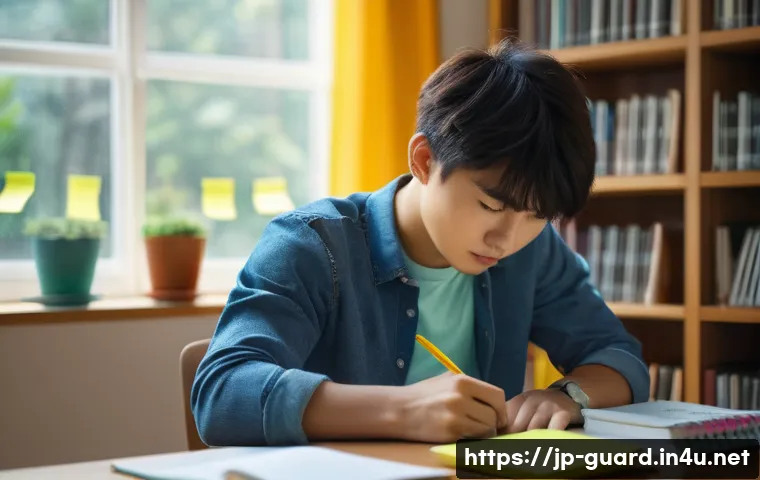 경비지도사 시험에서 주의할 점 - A focused Japanese student sitting at a neat desk in a modern, cozy study room, surrounded by neatly...