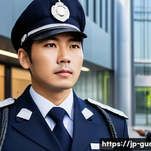 경비지도사 직업 만족도 - A vigilant Japanese security guard in modern uniform standing confidently at a busy commercial facil...