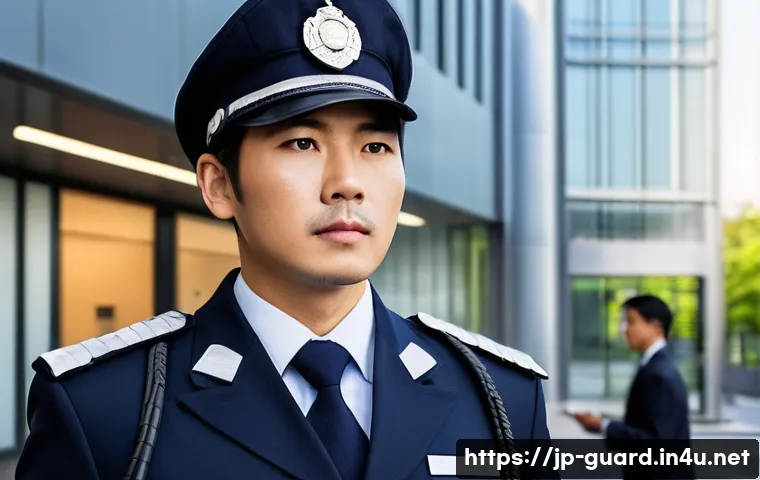 경비지도사 직업 만족도 - A vigilant Japanese security guard in modern uniform standing confidently at a busy commercial facil...