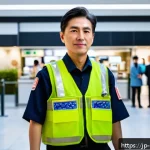경비지도사로 경력을 쌓는 중요성 - A professional security guard calmly managing a busy commercial facility entrance, wearing a neat un...