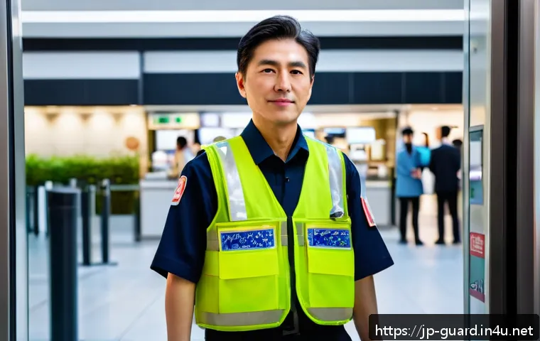 경비지도사로 경력을 쌓는 중요성 - A professional security guard calmly managing a busy commercial facility entrance, wearing a neat un...