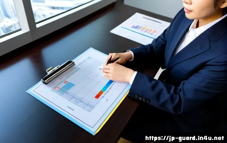 경비지도사 자격증 취득 후 커리어 플랜 - Photorealistic career planning scene for a Japanese security management professional, confident adul...
