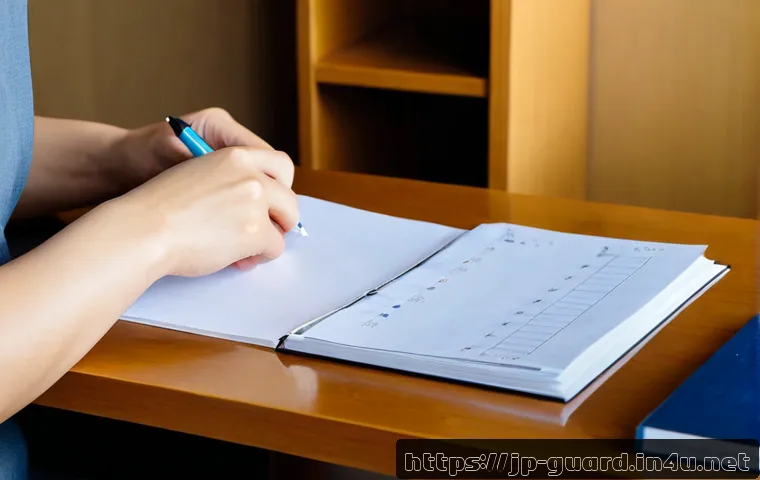 경비지도사 시험 합격을 위한 체크리스트 - Photorealistic Japanese adult exam candidate at a tidy home study desk, carefully checking items on ...