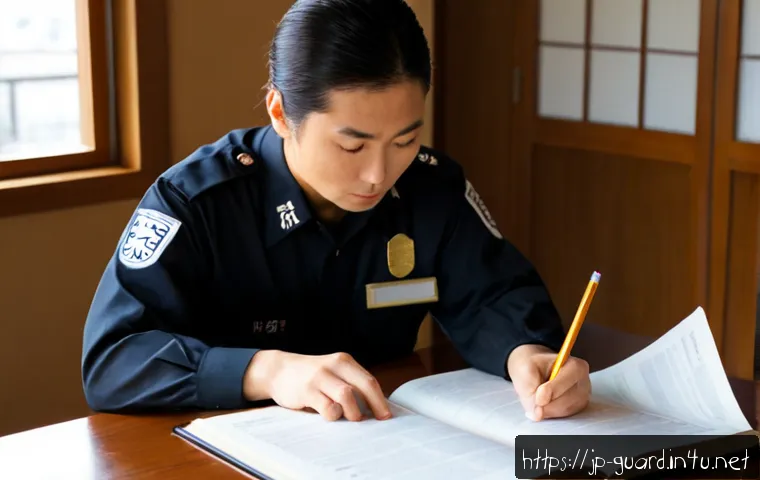 경비지도사 법률 과목 자주 틀리는 문제 - Photorealistic Japanese adult security professional studying for a legal certification exam at a cle...