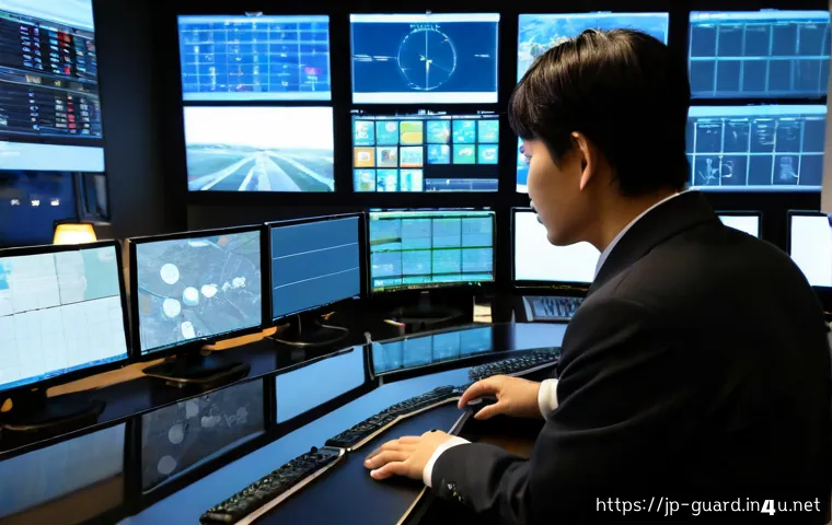 경비지도사와 관련된 기술 발전 - Photorealistic modern security operations center in Japan, a professional security supervisor in a n...