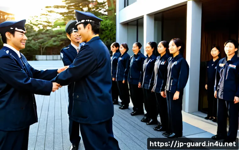 경비지도사 업무 중 보람을 느낀 순간 - Photorealistic Japanese security training supervisor warmly congratulating a diverse group of adult ...